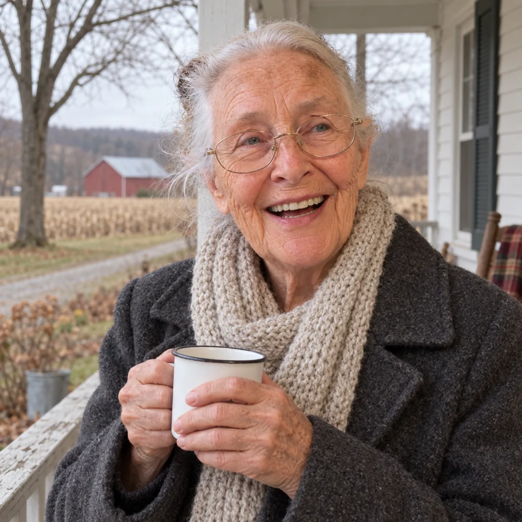 Frannie on her porch with a cup of coffee