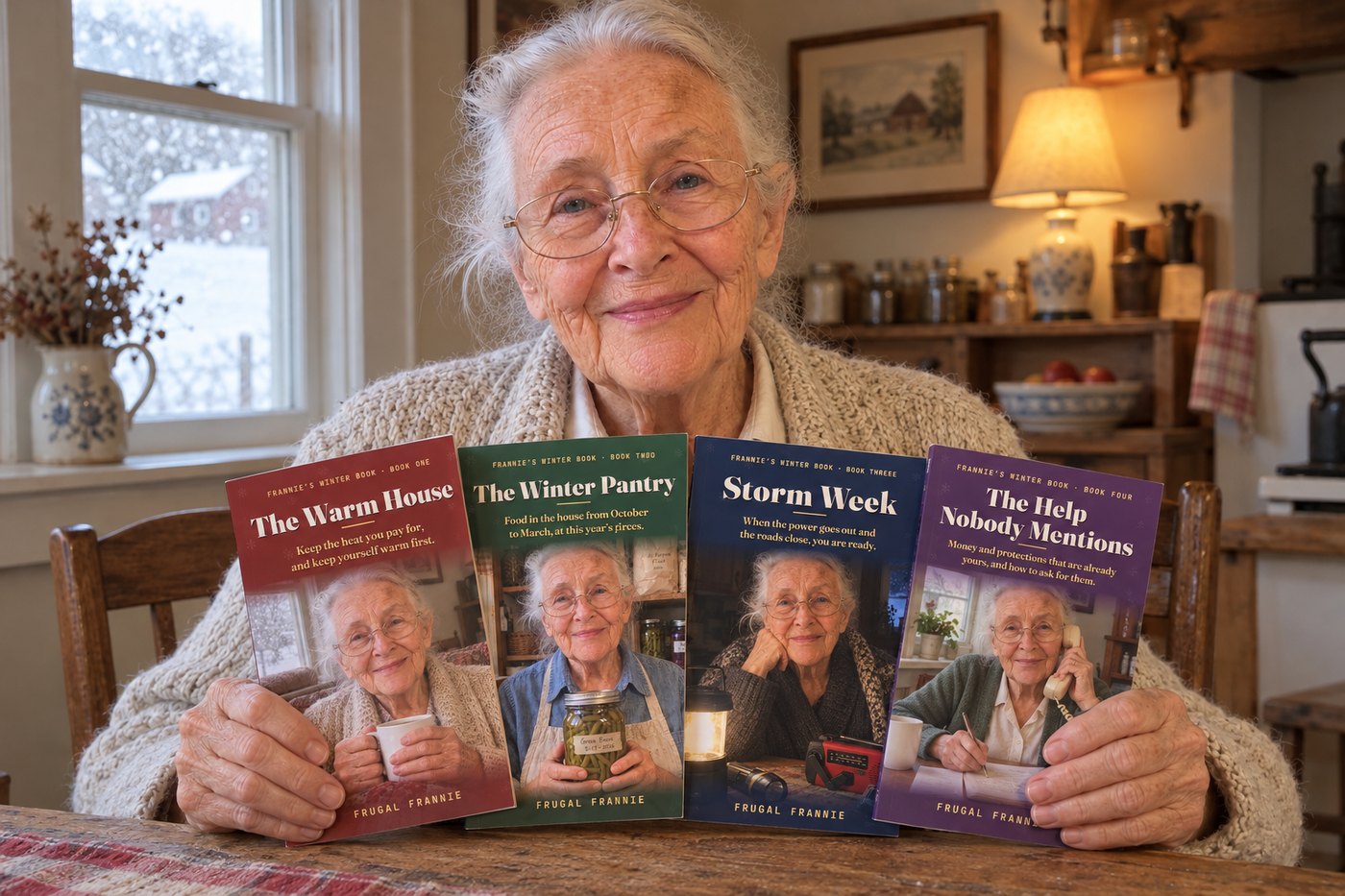 Frannie at her kitchen table holding her four winter books