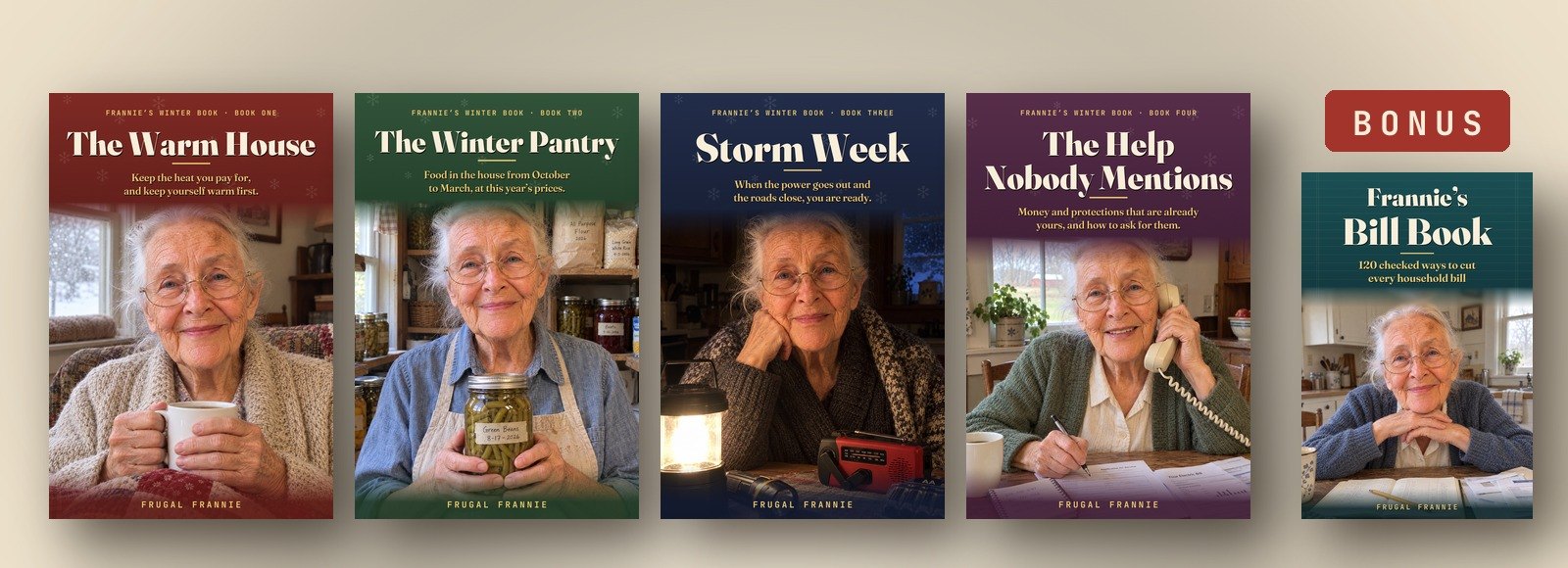 The four books of Frannie's Winter Book: The Warm House, The Winter Pantry, Storm Week and The Help Nobody Mentions, with Frannie's Bill Book as a bonus